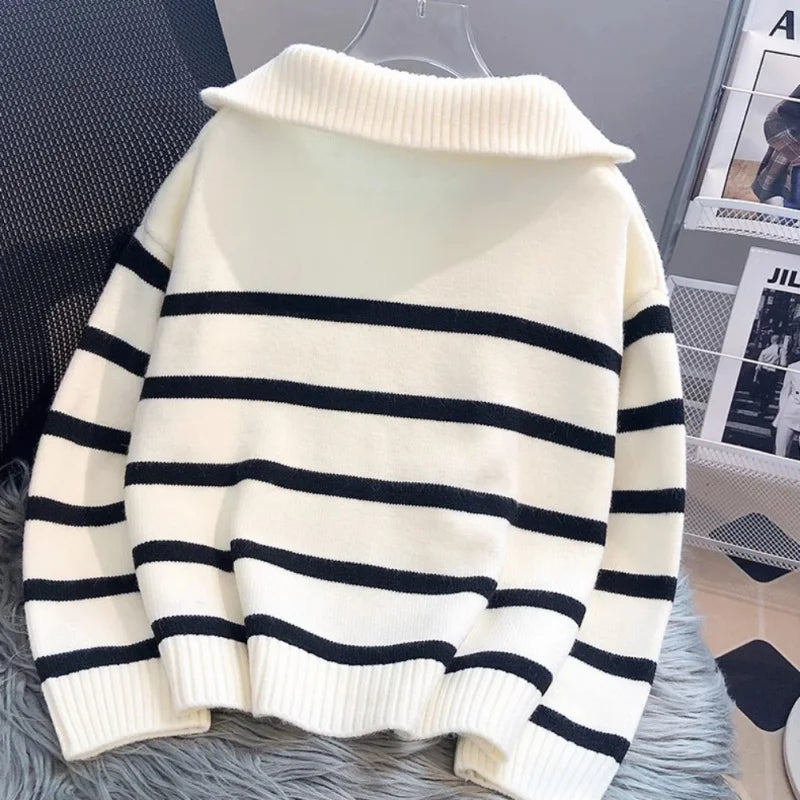 Dame Sweater Efterår/Vinter - Varmet Stribet Jakke med Lynlås og Kort Pasform