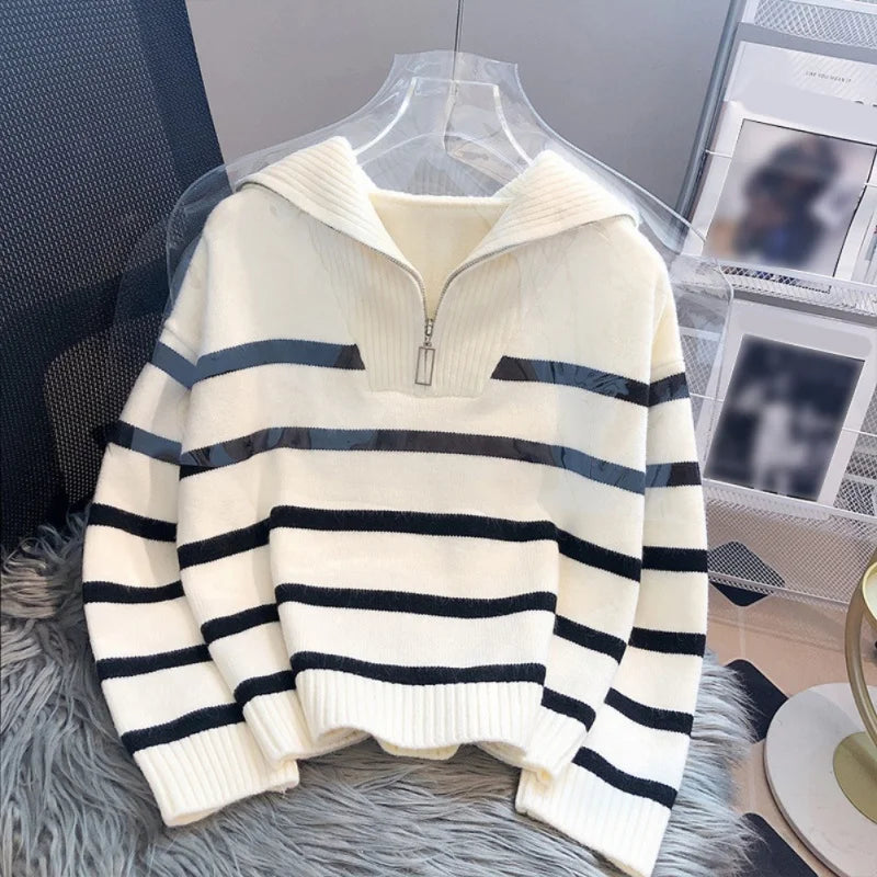 Dame Sweater Efterår/Vinter - Varmet Stribet Jakke med Lynlås og Kort Pasform
