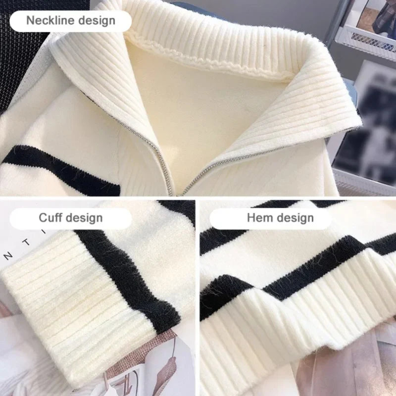 Dame Sweater Efterår/Vinter - Varmet Stribet Jakke med Lynlås og Kort Pasform