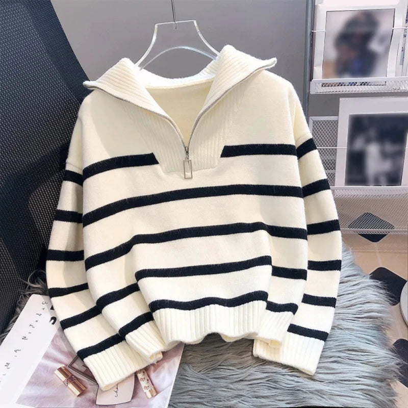 Dame Sweater Efterår/Vinter - Varmet Stribet Jakke med Lynlås og Kort Pasform
