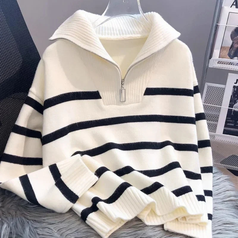 Dame Sweater Efterår/Vinter - Varmet Stribet Jakke med Lynlås og Kort Pasform